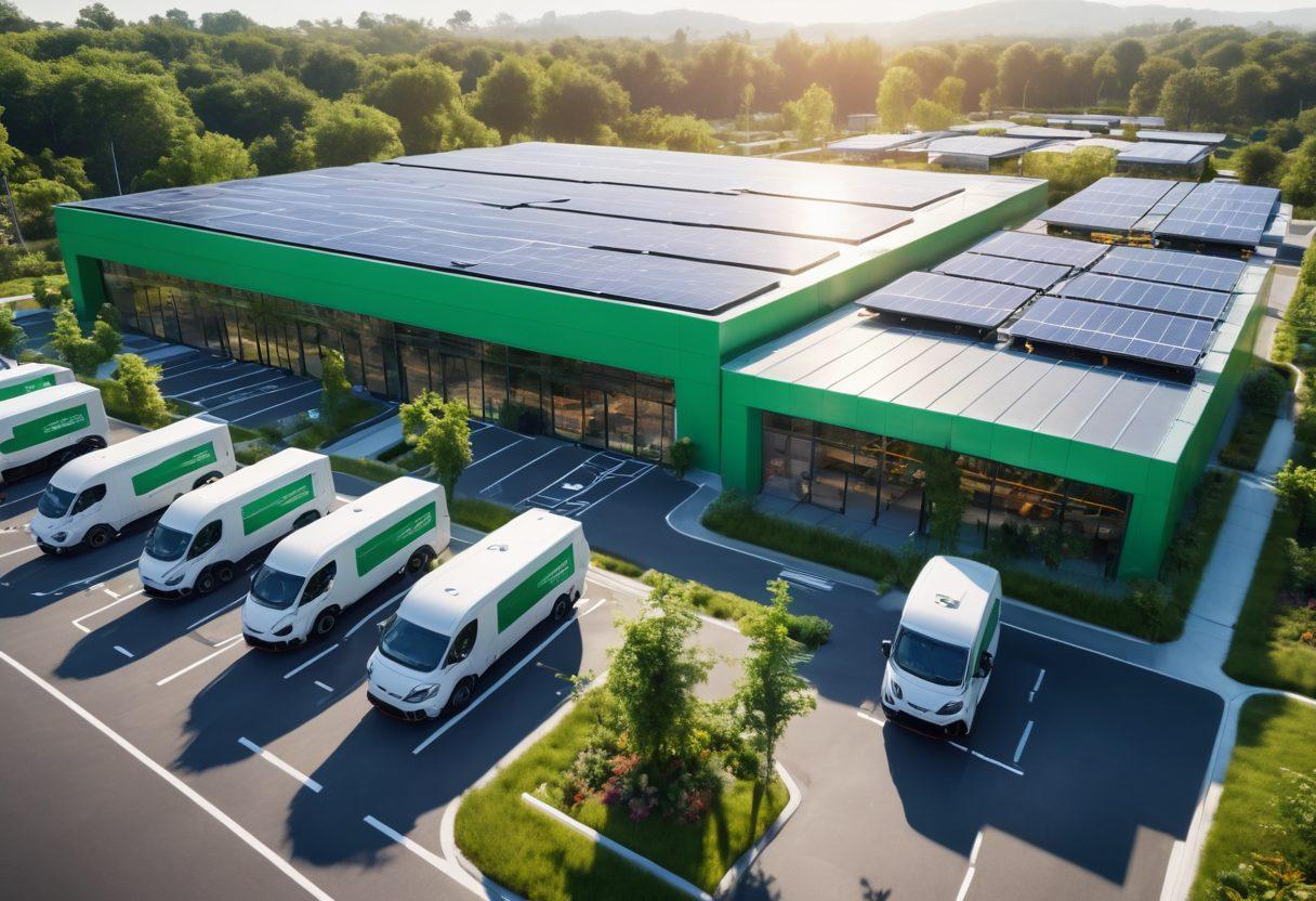 A dynamic scene showcasing a modern logistics hub with electric delivery vehicles and drones in action. Highlight green technology with solar panels and charging stations, surrounded by lush greenery. Emphasize speed with blurred motion effects and clean, efficient design. Include diverse logistics workers collaborating efficiently in a vibrant environment. ultra-realistic. bright colors. high-tech vibe.
