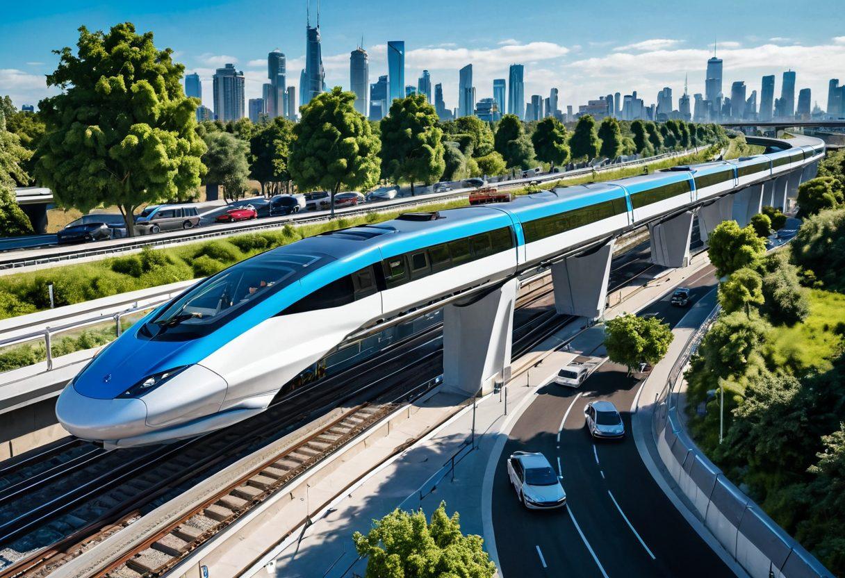 A futuristic cityscape showcasing sleek, electric vehicles and high-speed trains zipping along elevated tracks, surrounded by lush greenery and solar panels. People using bikes and scooters, emphasizing eco-friendly transport options. Bright blue skies with flying drones monitoring traffic. The scene captures a sense of speed and innovation in sustainable transportation. vibrant colors. super-realistic.