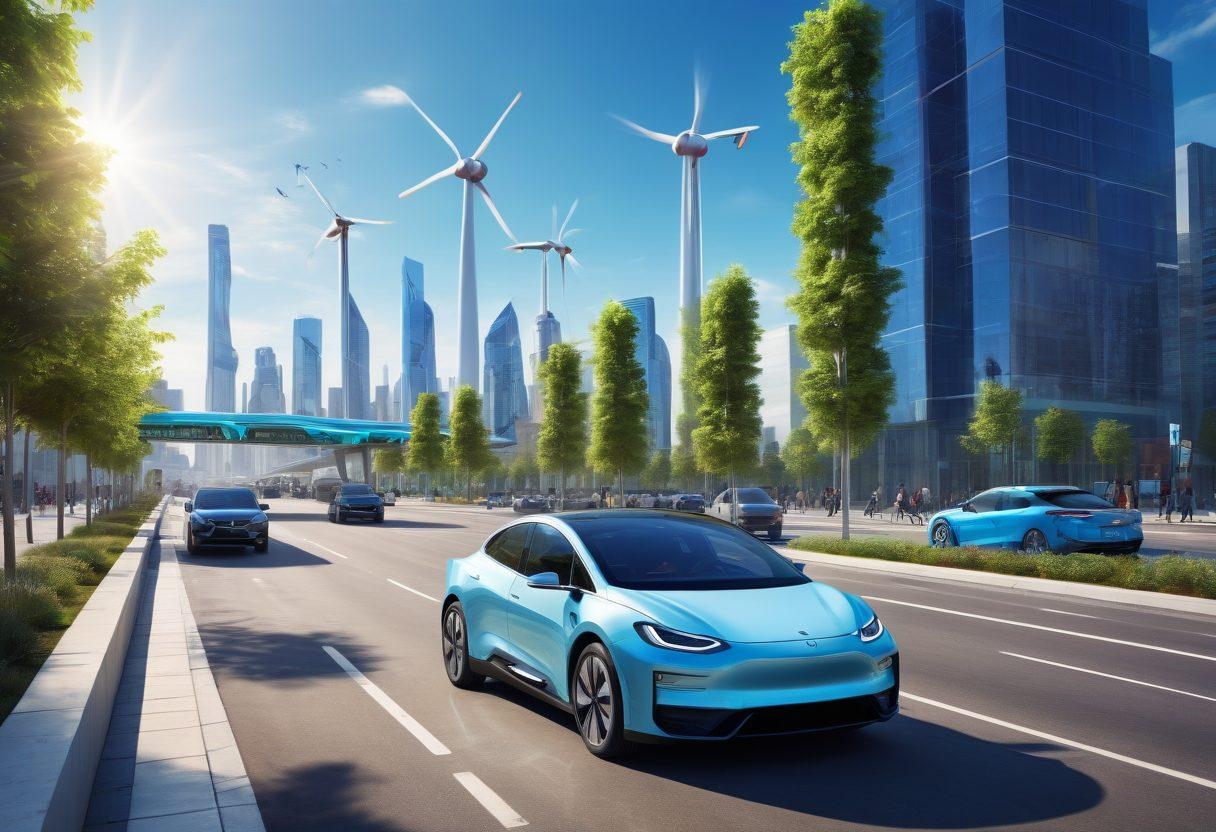 A dynamic scene showcasing a futuristic city skyline with electric cars zooming past charging stations, while alternative fuel sources like hydrogen and biofuel stations can be seen in the background. The streets are bustling with cyclists and pedestrians, under a clear blue sky filled with drones. Add visual elements that represent efficiency, such as solar panels and wind turbines. Illustrate with vibrant colors, capturing the essence of innovation and sustainability. super-realistic. vibrant colors.